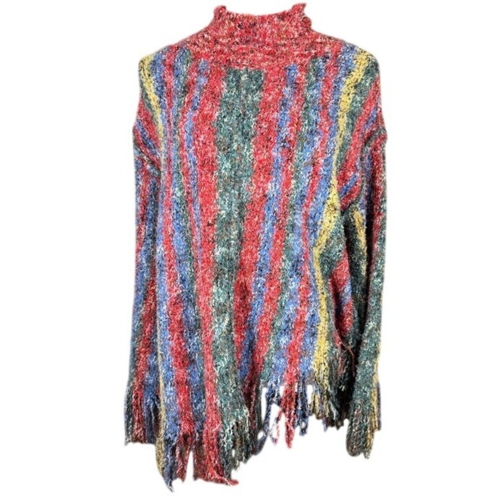 POL Womens Multicolor Striped Fuzzy Mock Neck Fringe Sweater FST444 Red Blue S
